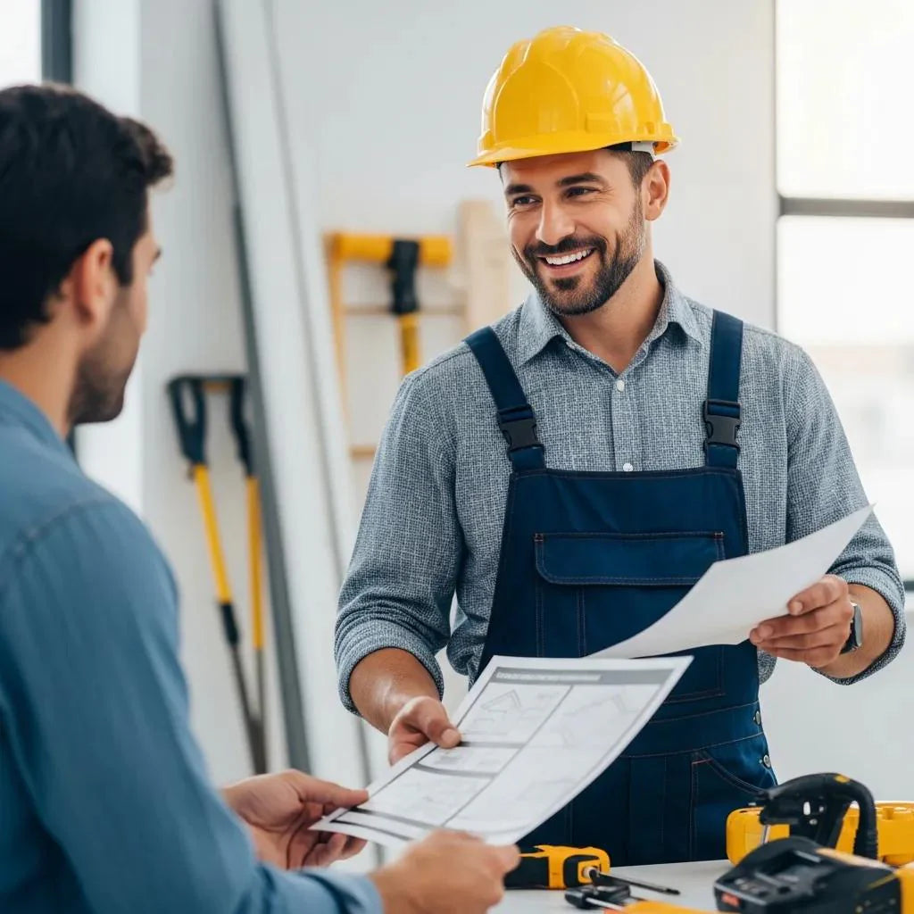 Confident contractor presenting a project proposal to an engaged client in a professional setting