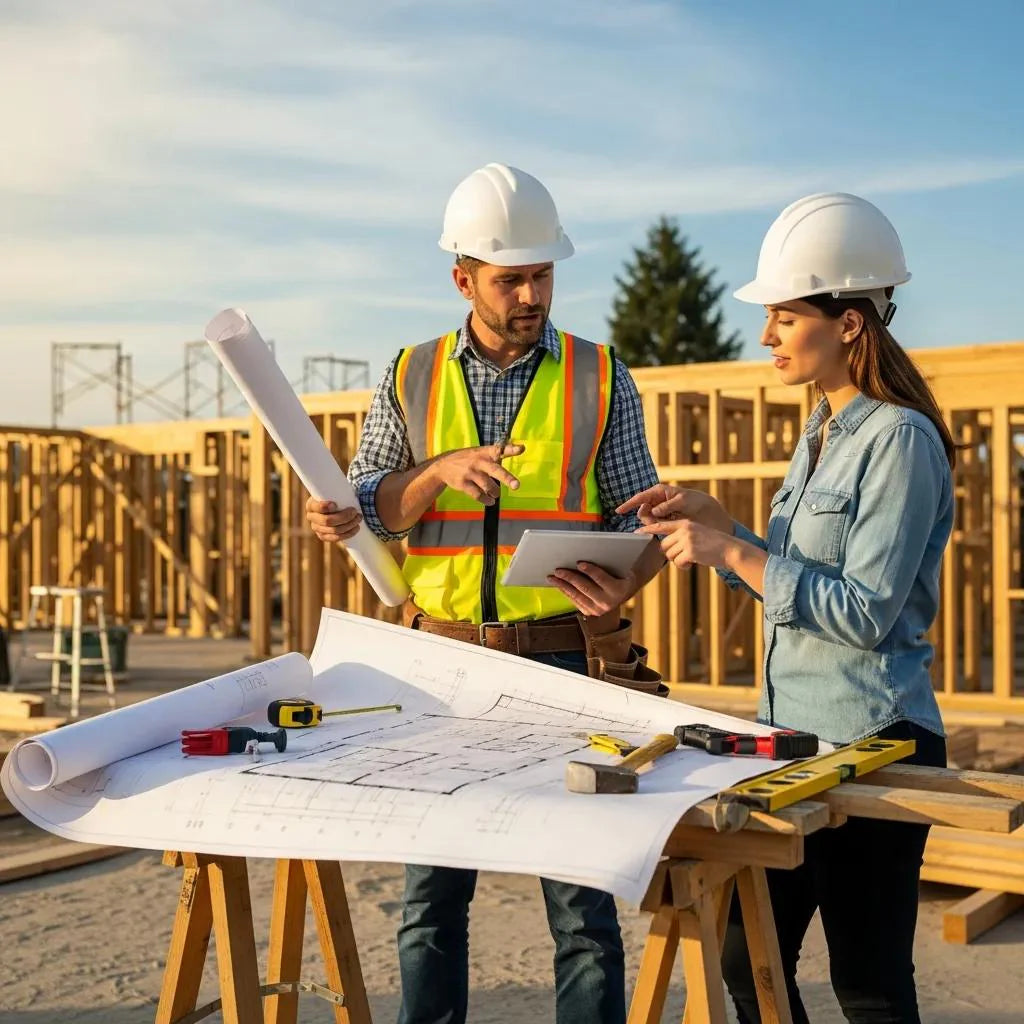 Contractor and client discussing construction plans at a site, highlighting collaboration and professionalism