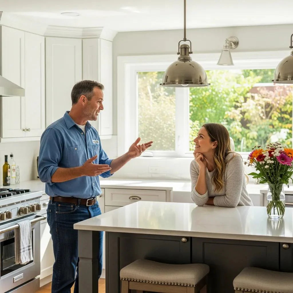 Contractor and homeowner discussing a kitchen renovation, highlighting the emotional connection in sales storytelling