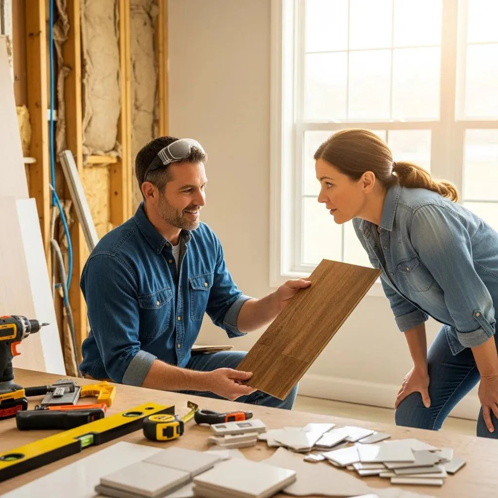 Contractor and homeowner discussing home improvement options at a job site