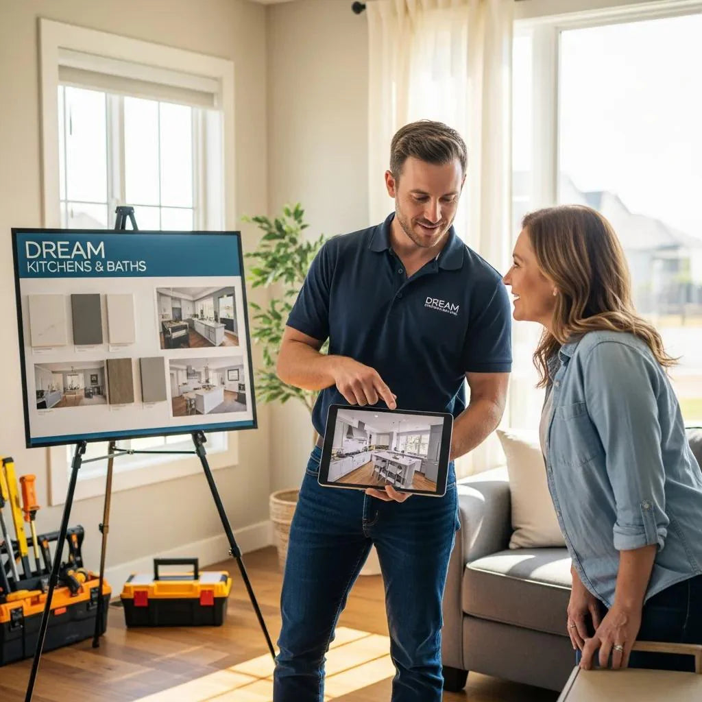 Contractor and homeowner discussing home improvement options, emphasizing rapport and professionalism