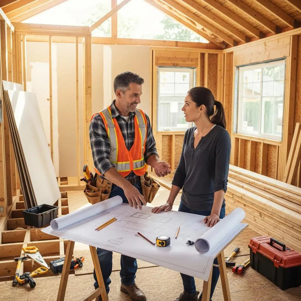 Contractor and homeowner discussing home improvement plans at a construction site