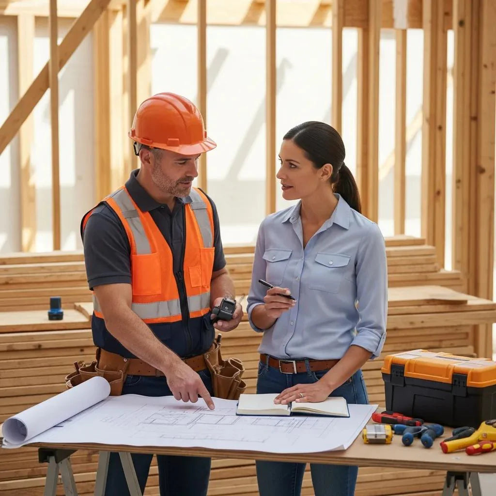 Contractor and homeowner discussing project details at a construction site