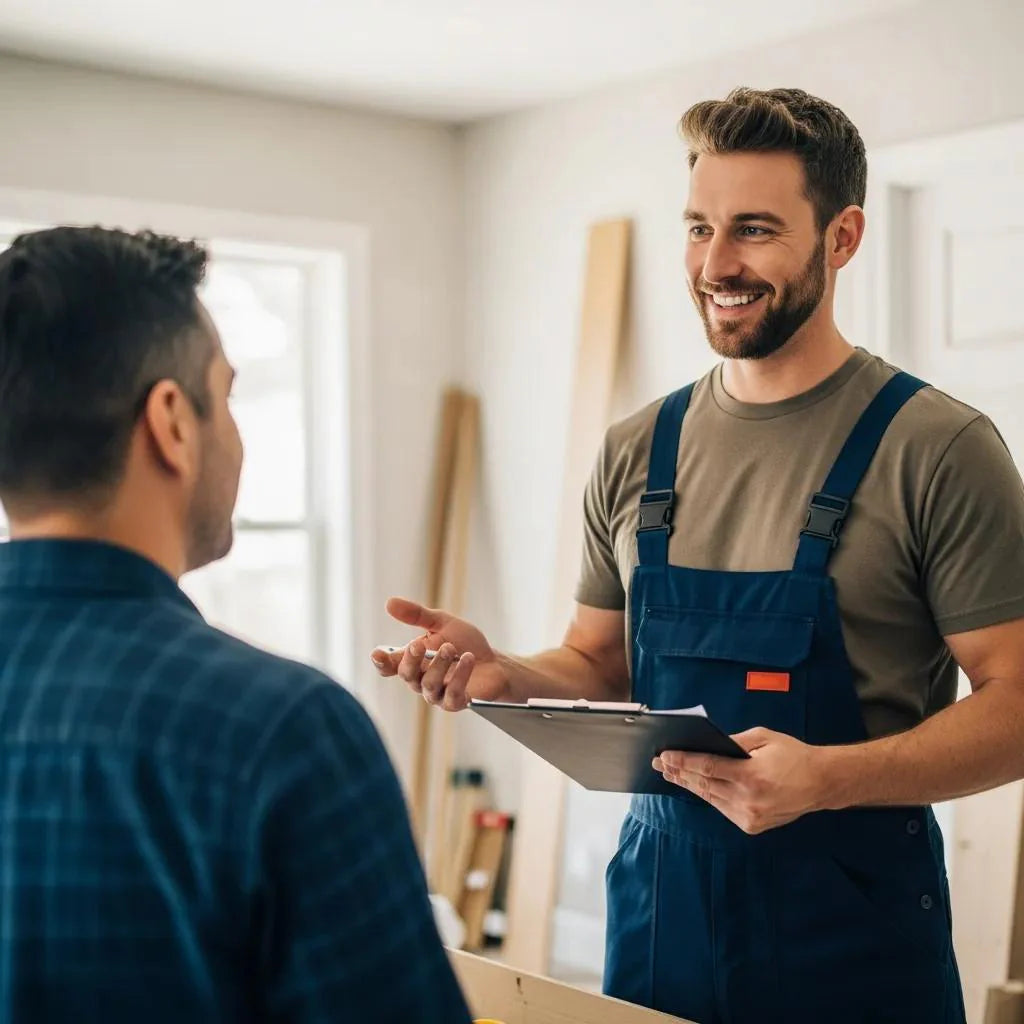 Contractor confidently interacting with a client in a home improvement setting, emphasizing sales confidence techniques