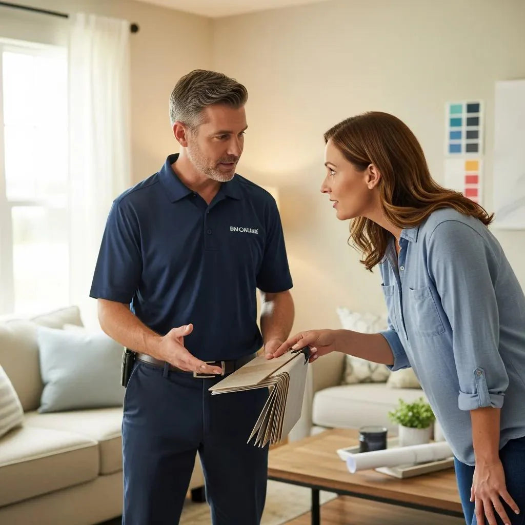Contractor demonstrating body language cues in a home improvement sales setting