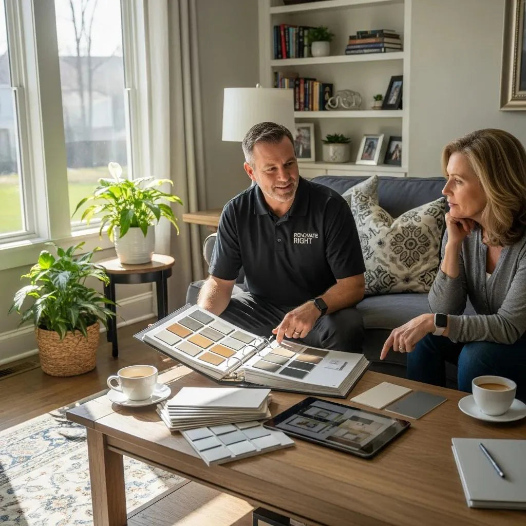 Contractor discussing home improvement options with a homeowner in a bright living room