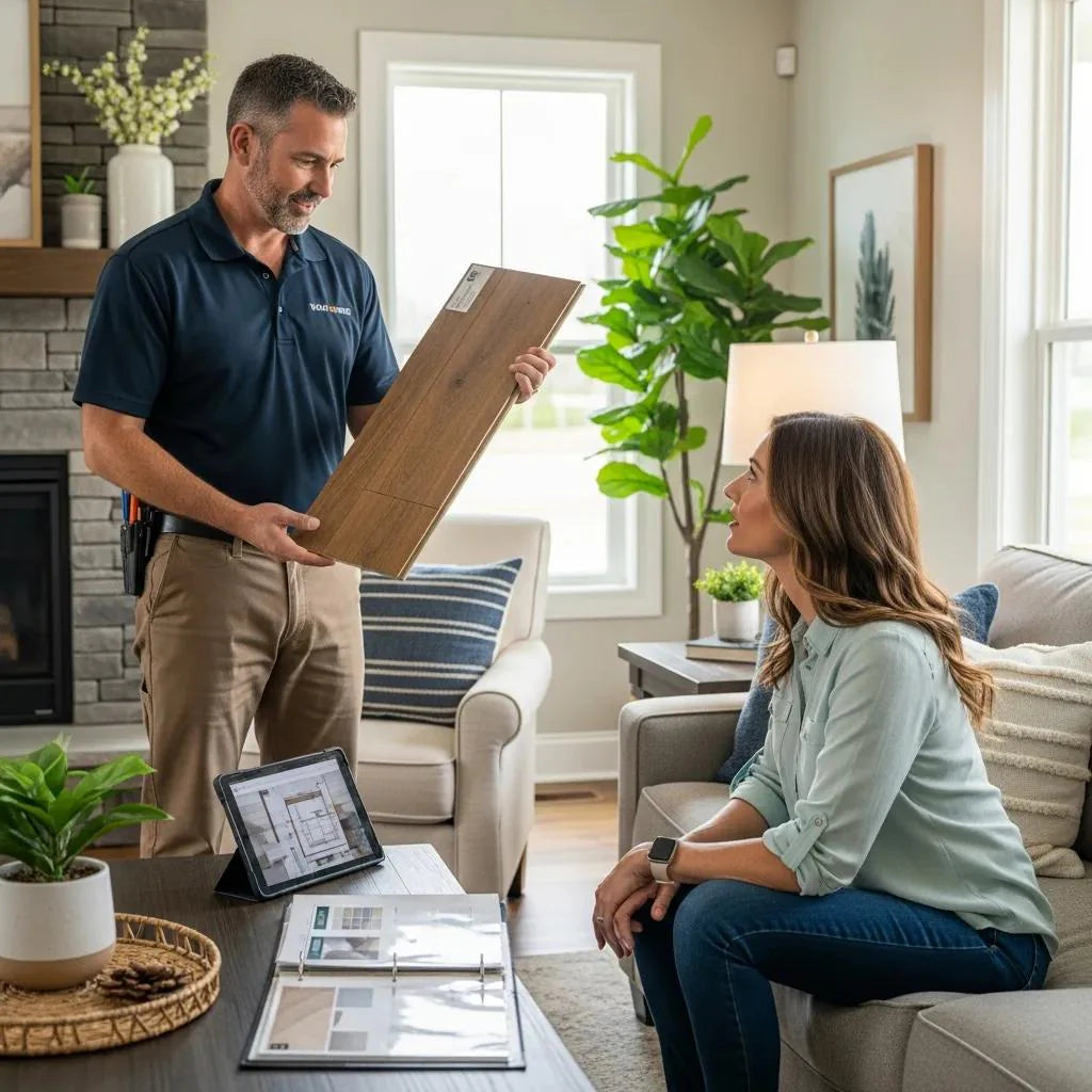 Contractor discussing home improvement options with a homeowner in a cozy living room