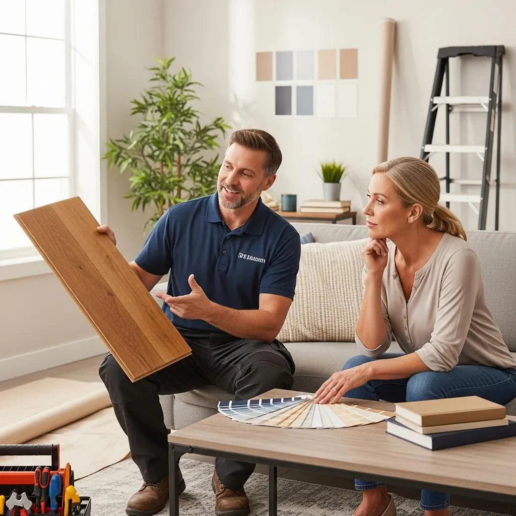 Contractor discussing home improvement options with a homeowner in a cozy living room
