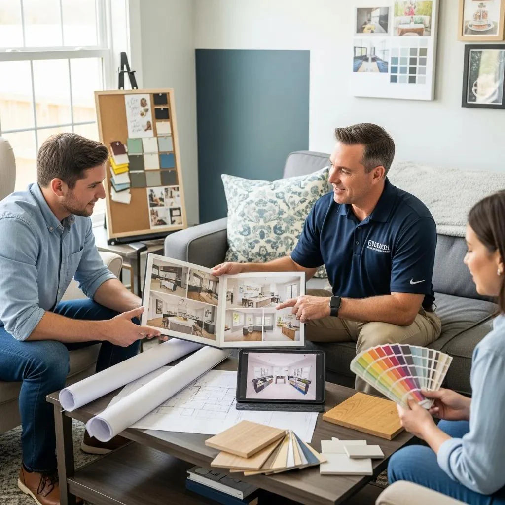 Contractor discussing home improvement options with clients in a cozy living room