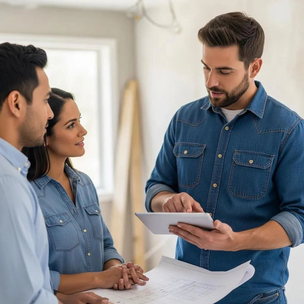 Contractor discussing home improvement plans with a homeowner, emphasizing effective questioning techniques