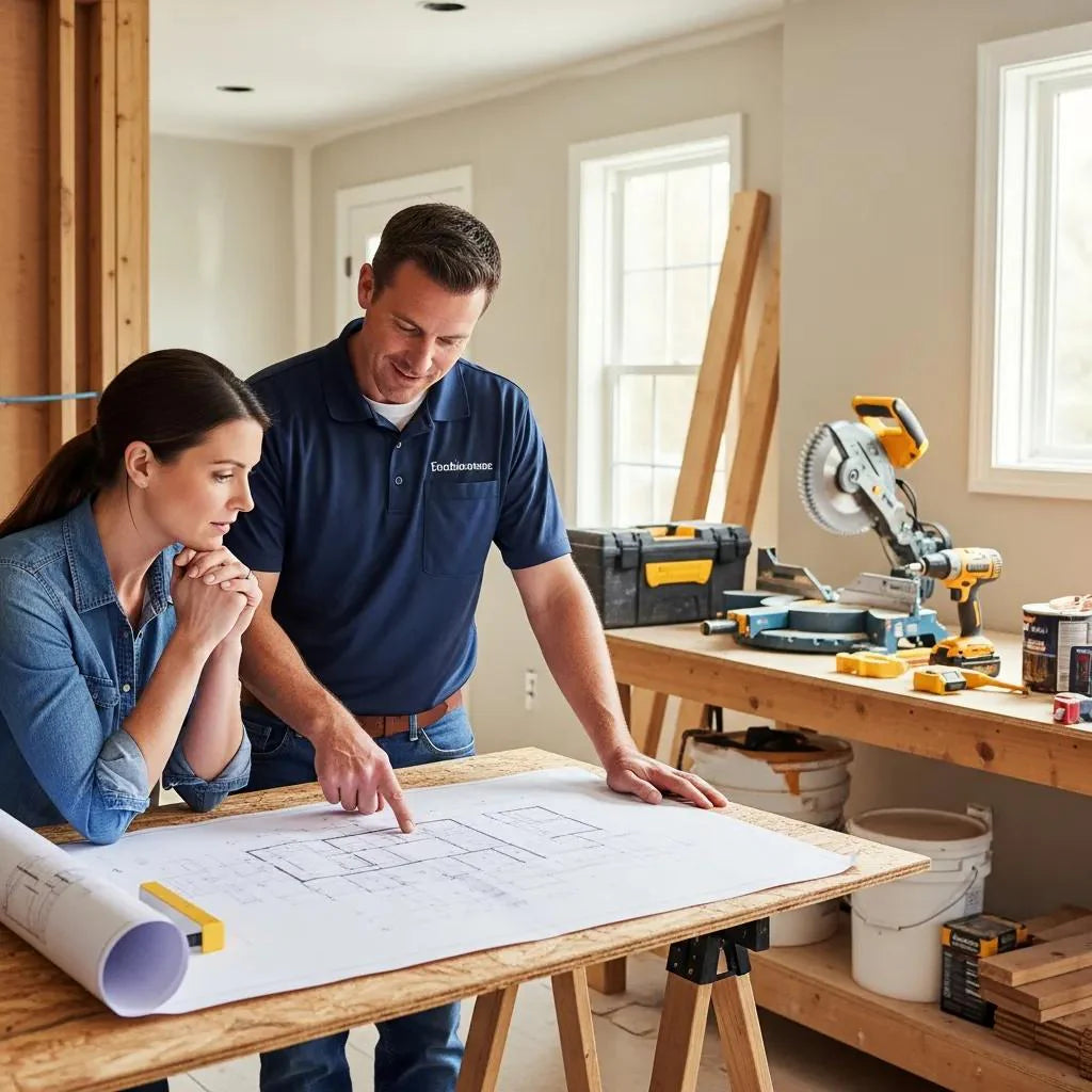 Contractor discussing home improvement plans with a homeowner in a warm, inviting setting