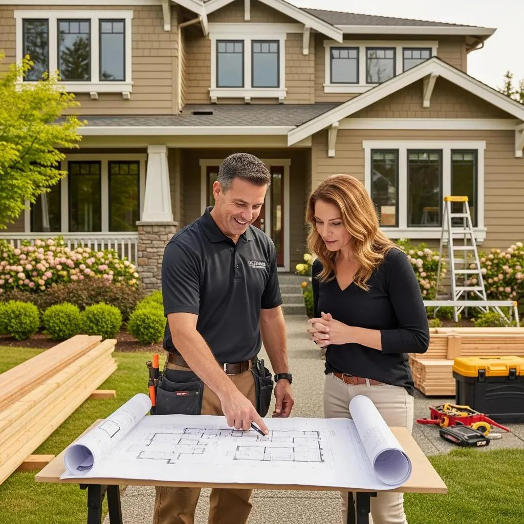 Contractor discussing home improvement plans with a homeowner, showcasing rapport building in a friendly environment