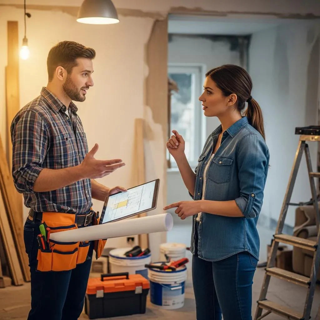 Contractor discussing home improvement project with engaged homeowner