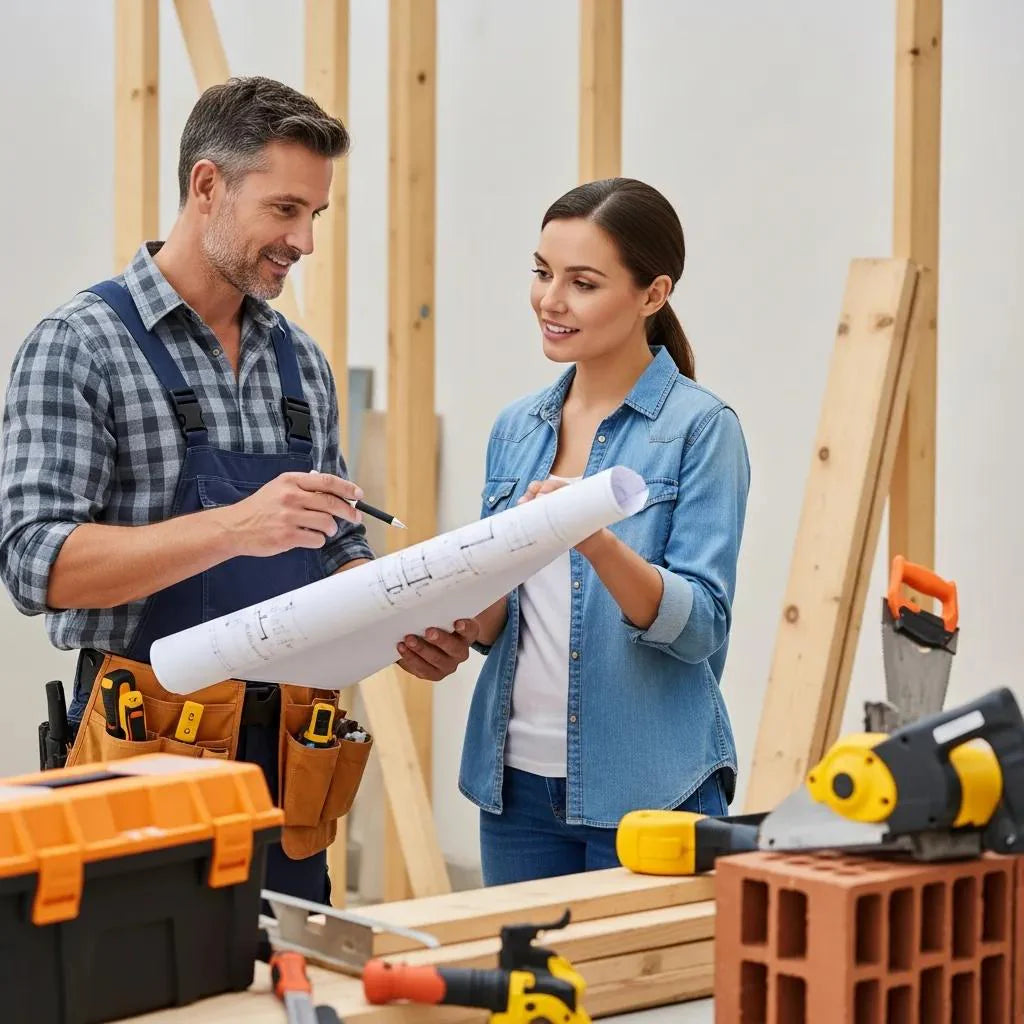 Contractor discussing home improvement project with homeowner at construction site