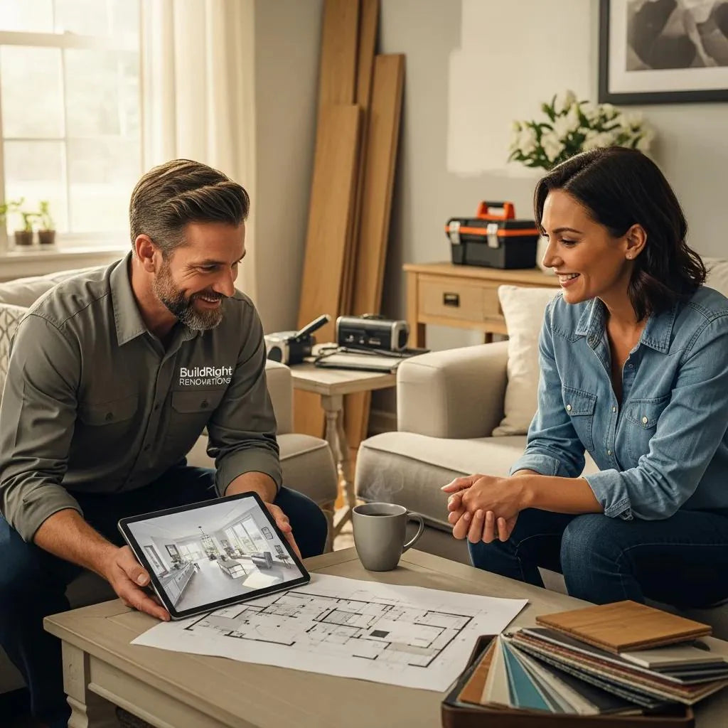 Contractor discussing home improvement project with homeowner, emphasizing ethical sales and trust
