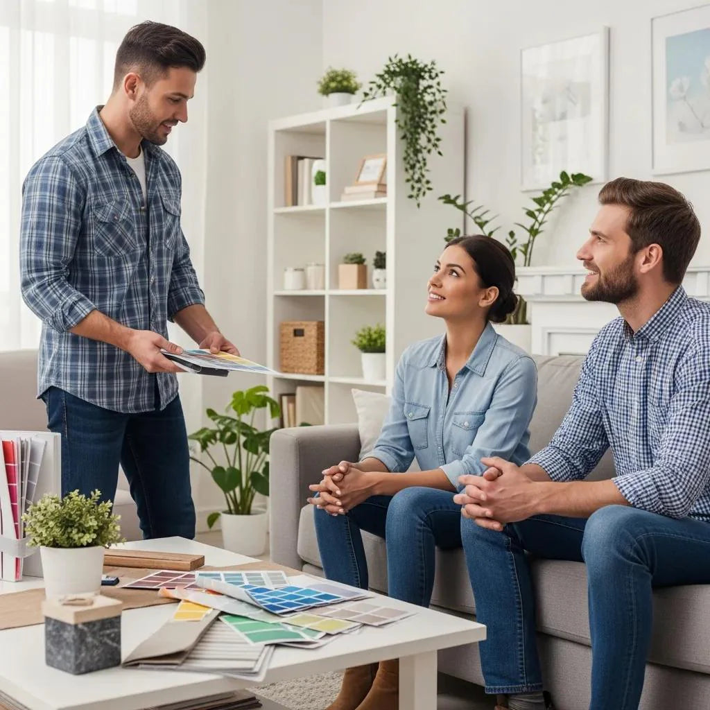 Contractor discussing home improvement strategies with a couple in a cozy living room
