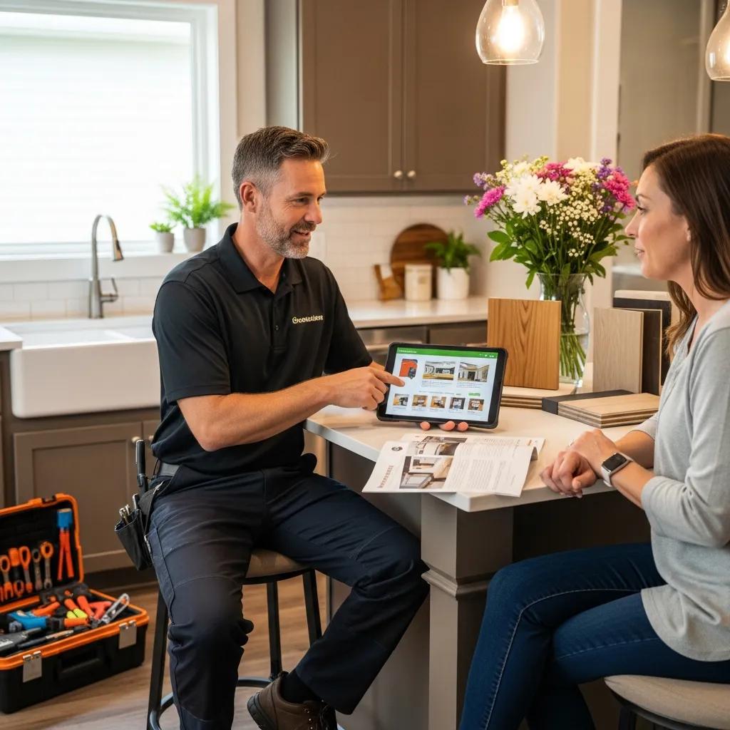 Contractor discussing home improvement value with homeowner in a professional setting