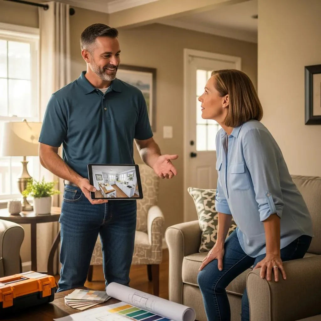 Contractor discussing home improvement with homeowner, highlighting trust and value in sales