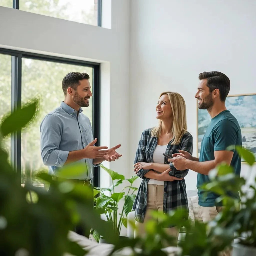 Contractor discussing sustainable building practices with a homeowner in an eco-friendly home