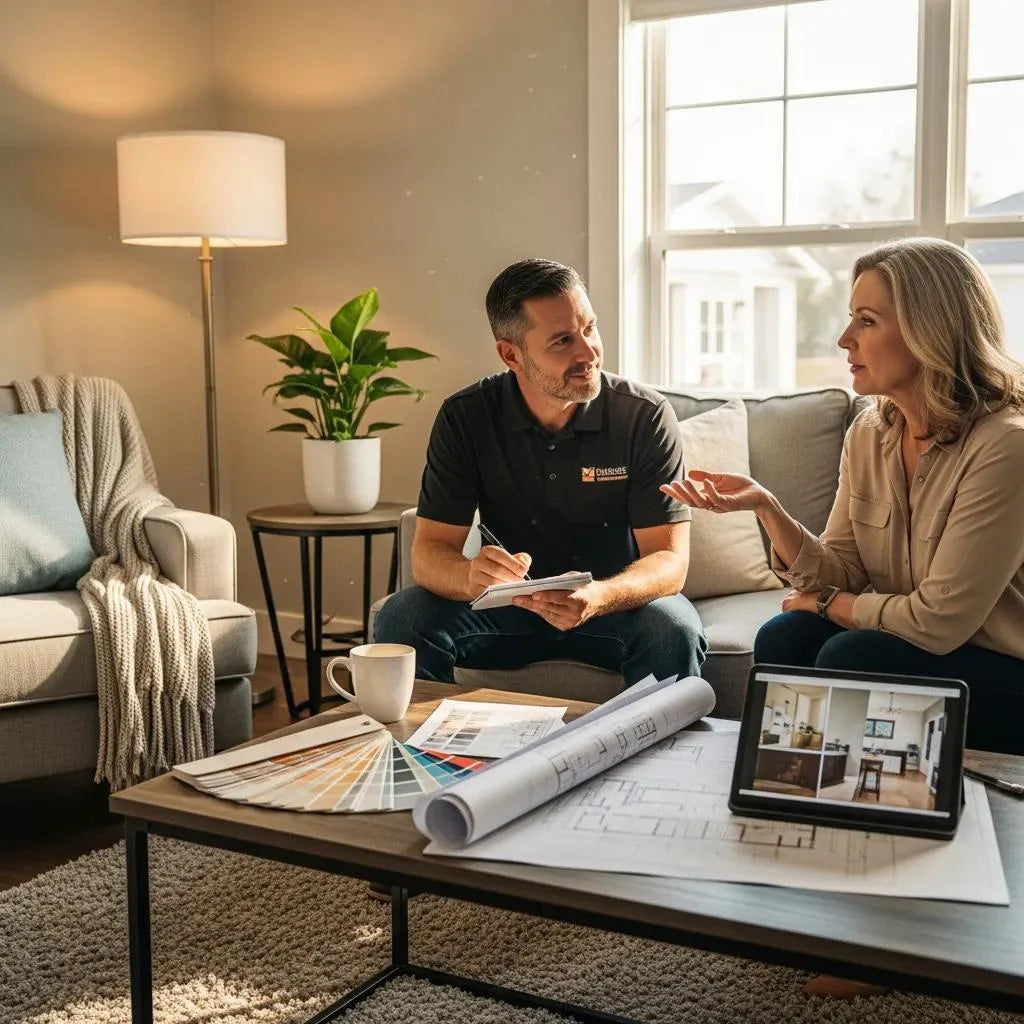 Contractor listening to homeowner in a renovated living room, emphasizing active listening in home improvement sales