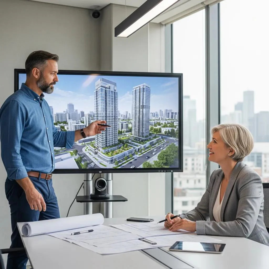 Contractor presenting a 3D model to a client in a modern office setting
