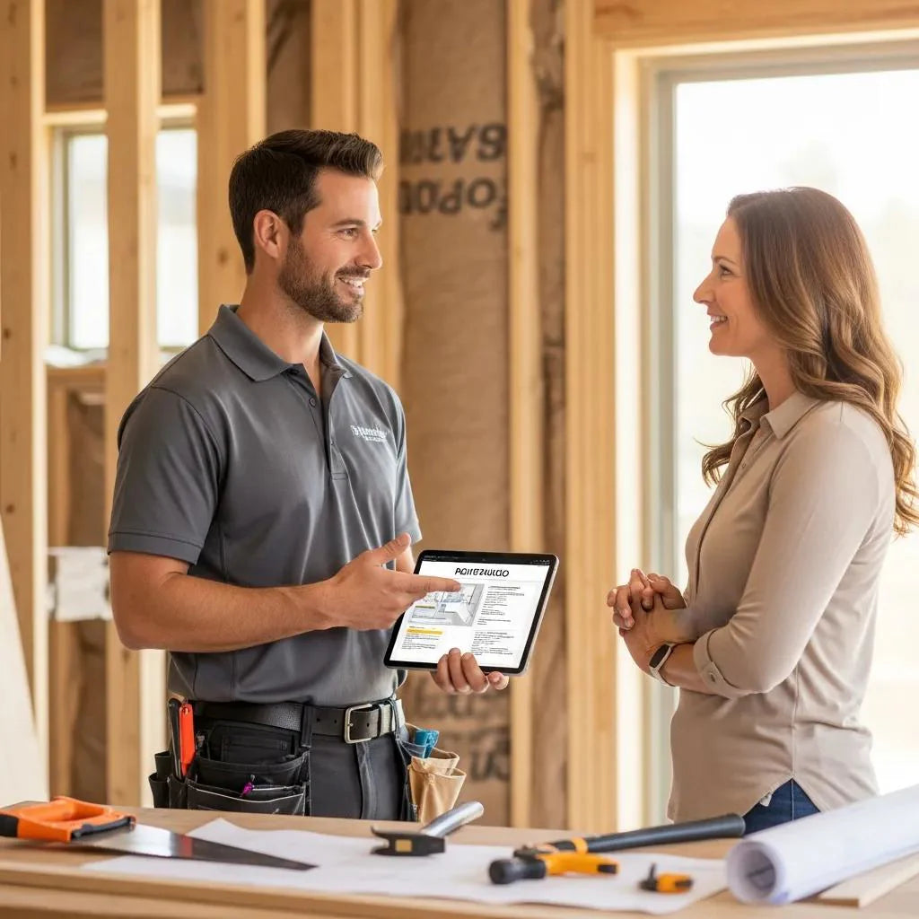 Contractor presenting a project proposal to a homeowner, illustrating sales resilience in the construction industry