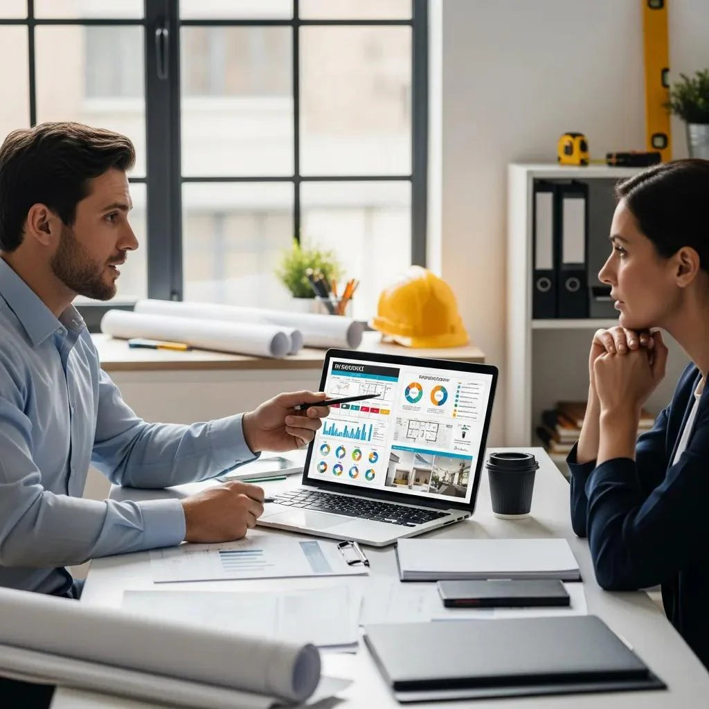 Contractor presenting a proposal to a client in a modern office, showcasing engagement and professionalism