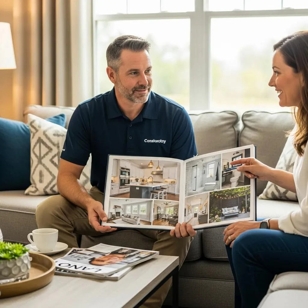 Contractor presenting home improvement portfolio to homeowner in a cozy living room