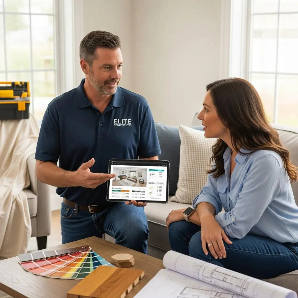 Contractor presenting home improvement proposal to homeowner in a cozy living room