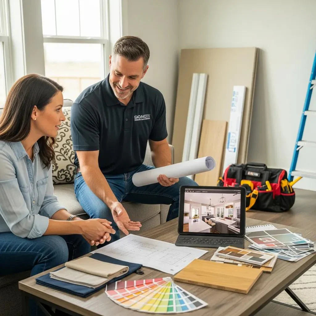 Contractor presenting home improvement proposal to homeowner in a cozy living room