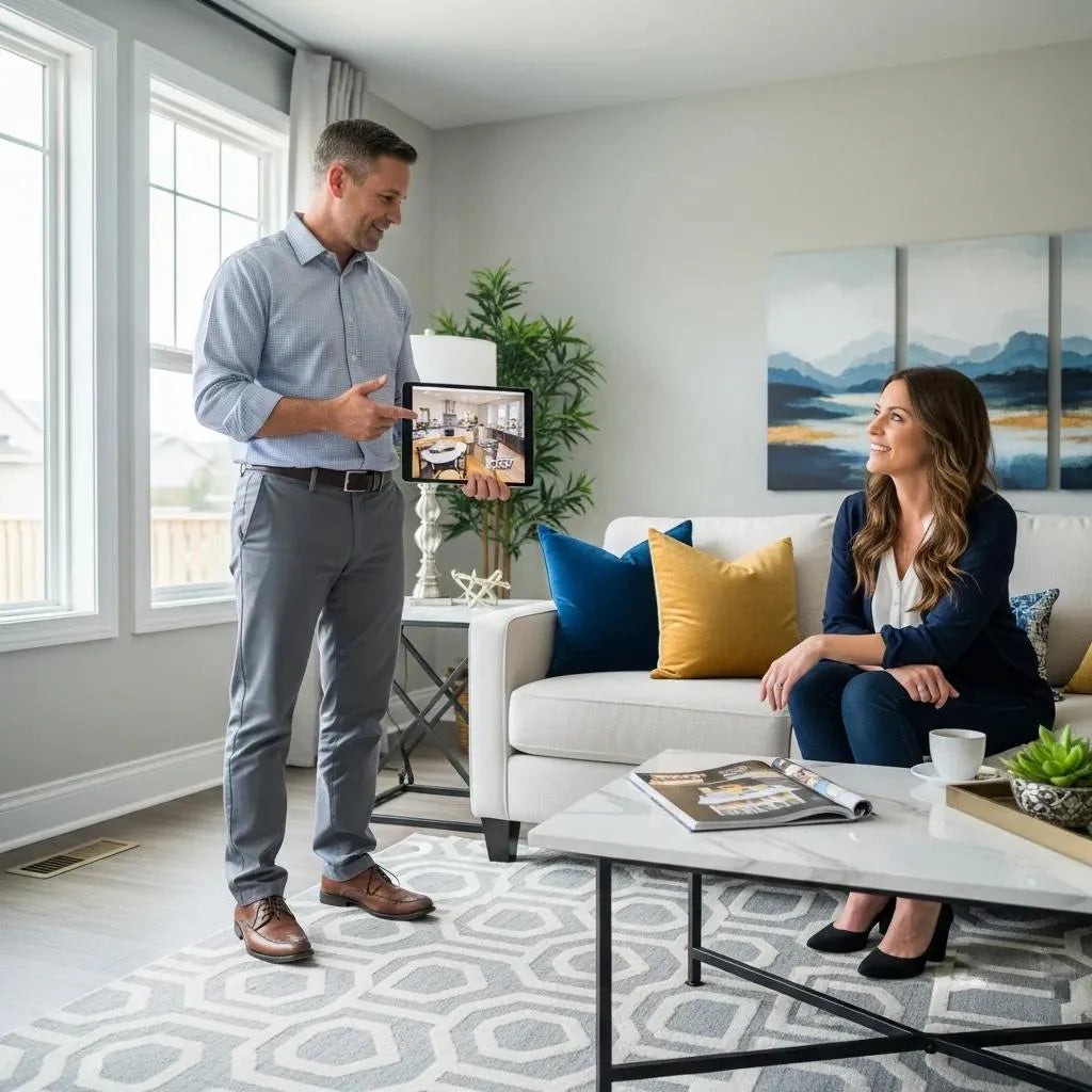 Contractor presenting home renovation options to a homeowner in a stylish living room