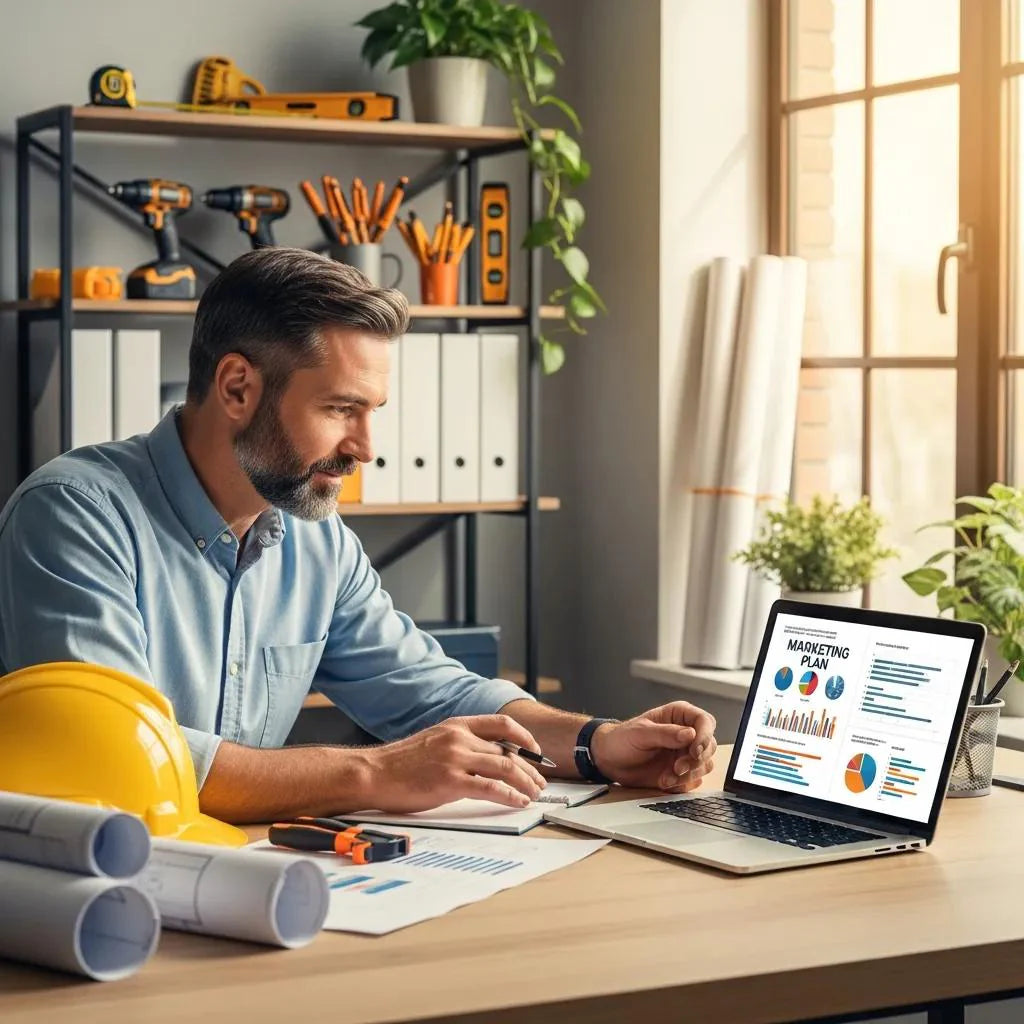 Contractor reviewing a marketing plan in a modern office with construction tools in the background