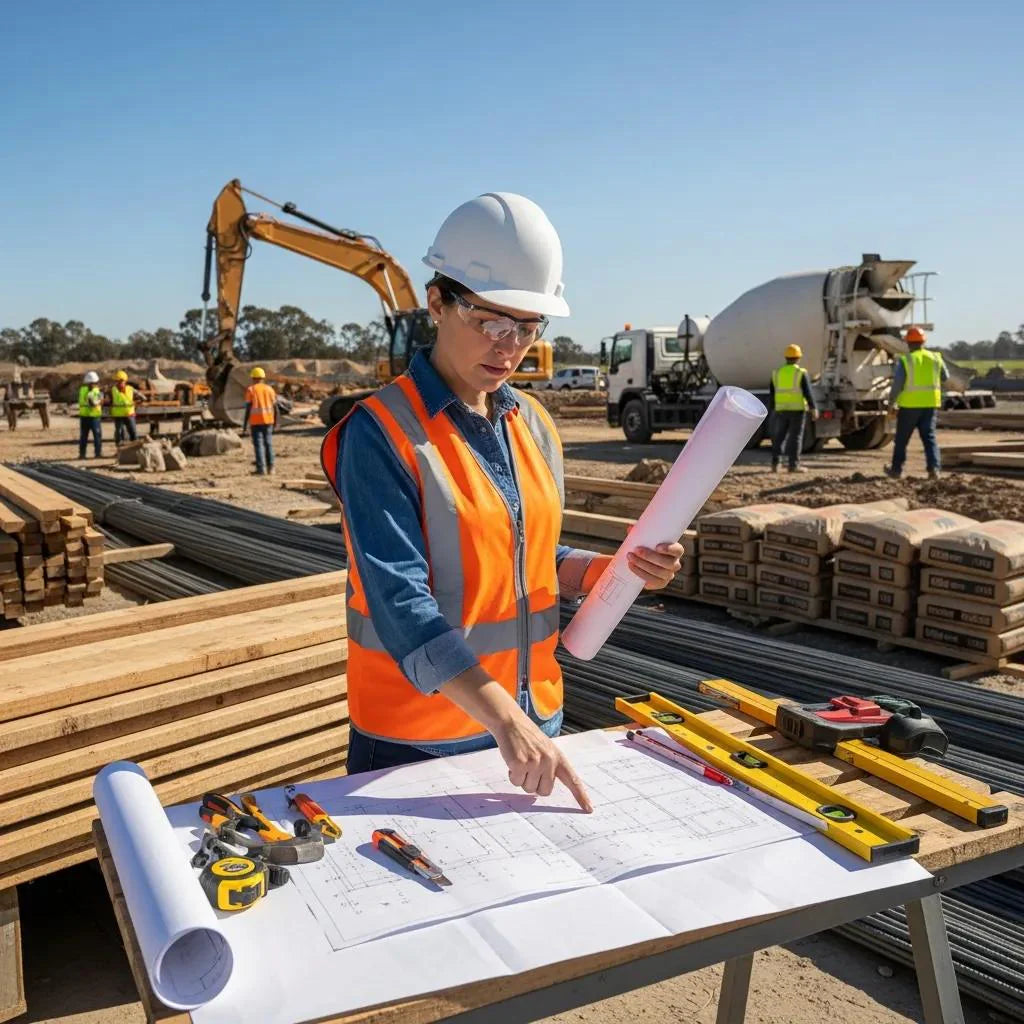 Contractor reviewing blueprints at a construction site, emphasizing risk management and safety