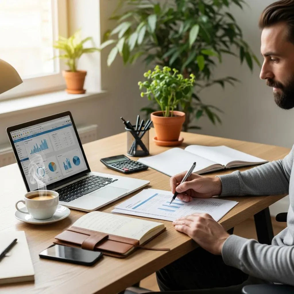 Contractor reviewing financial documents in a cozy workspace with a laptop and coffee
