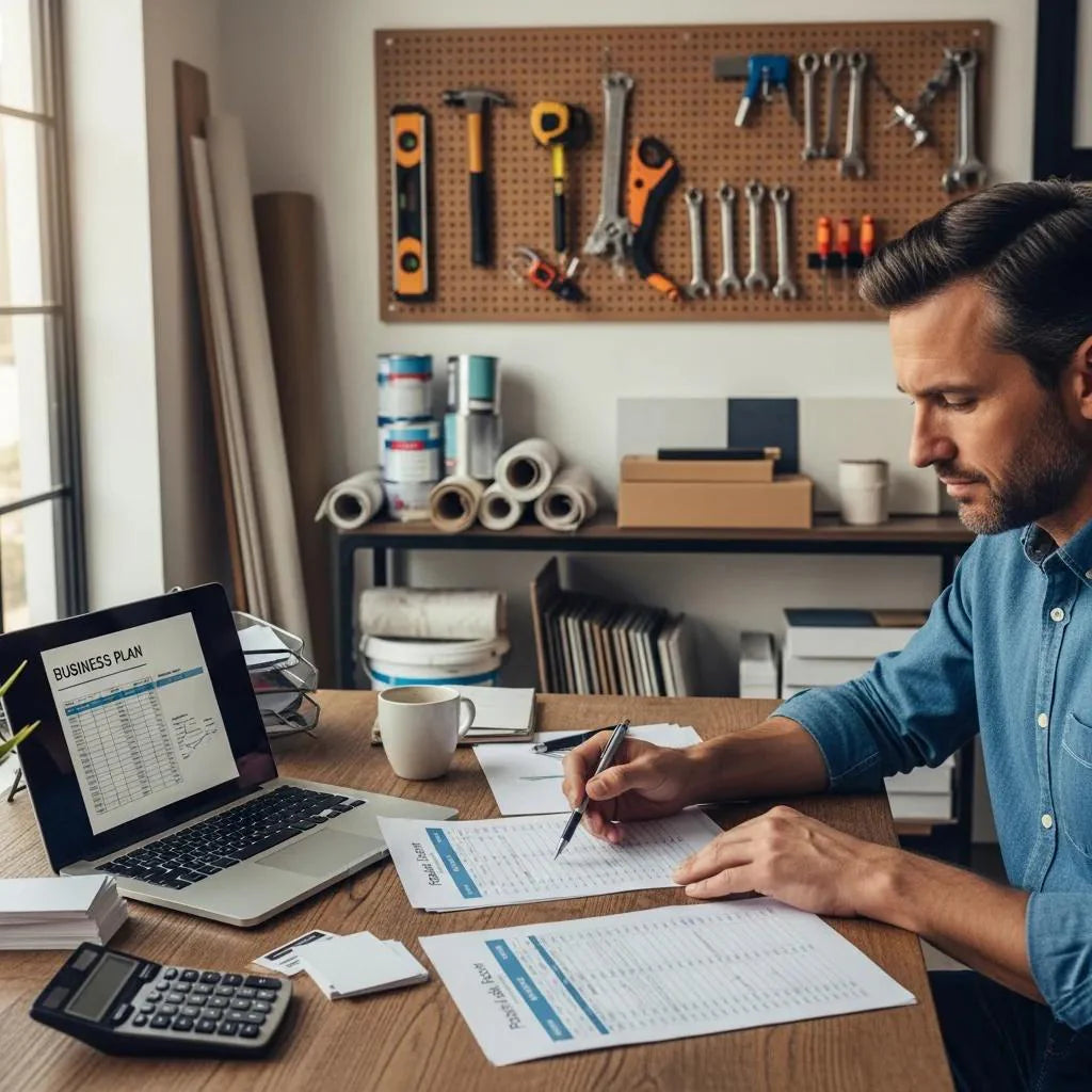 Contractor reviewing financial documents in a well-organized office, symbolizing preparation for business sale