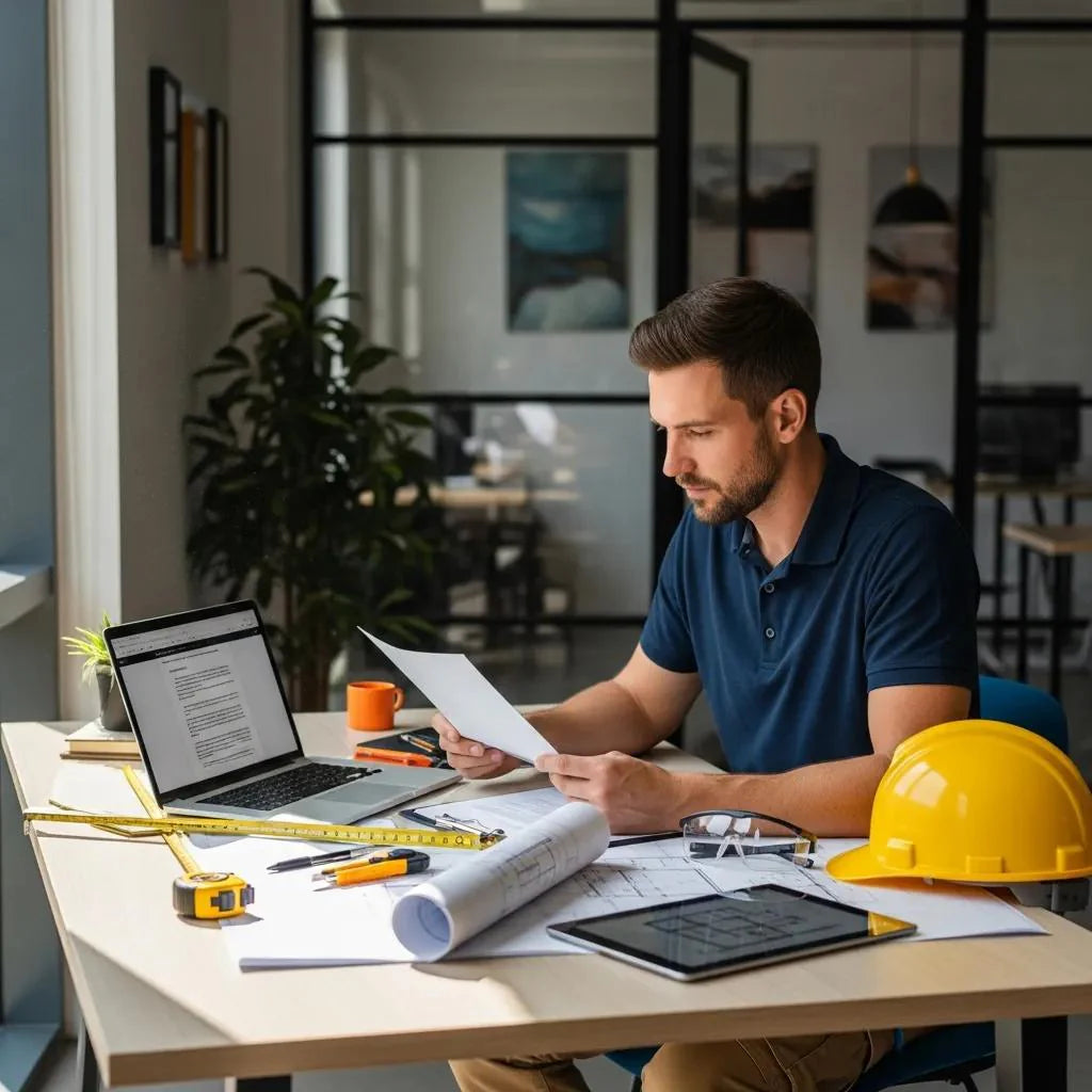 Contractor reviewing legal compliance documents in a modern workspace