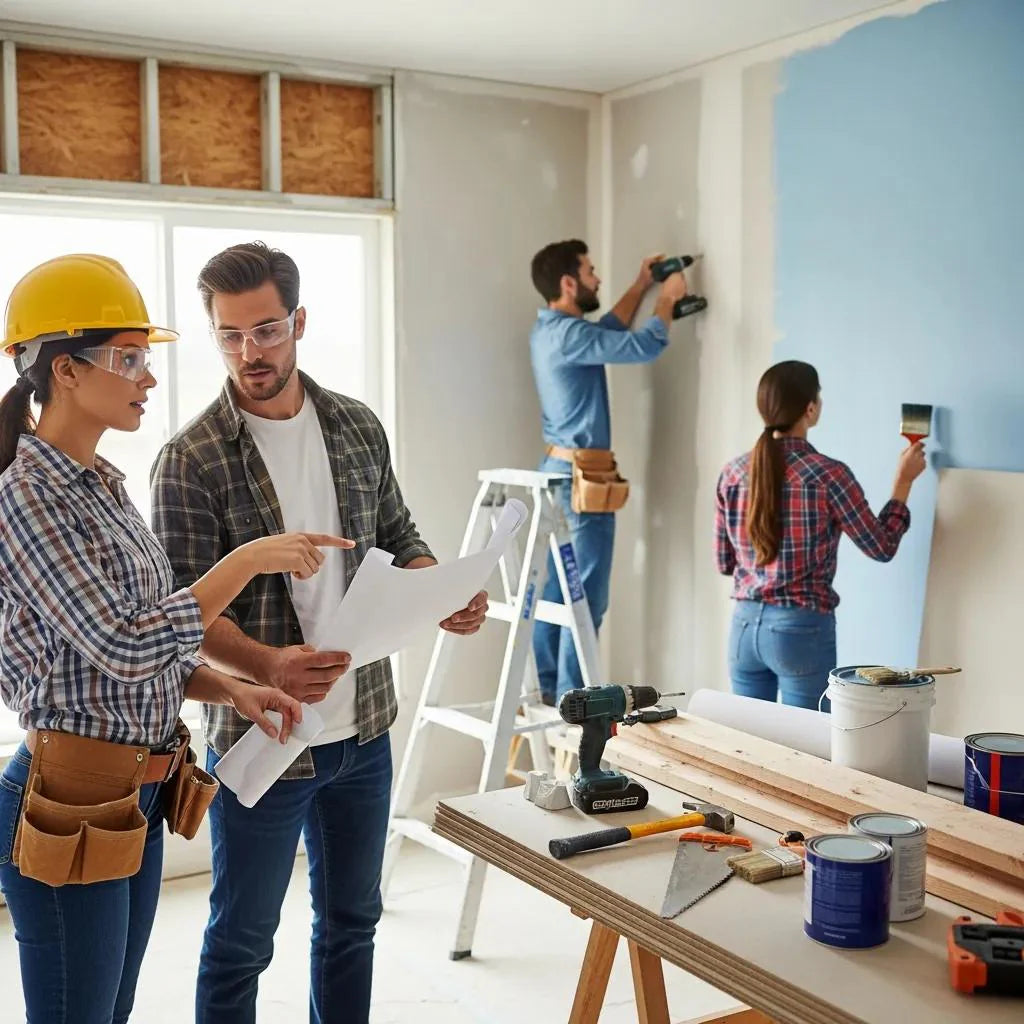 Contractor team collaborating on a home renovation project, showcasing teamwork and professionalism
