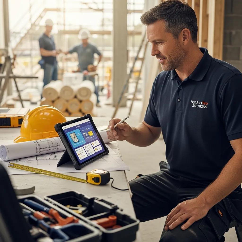 Contractor using a tablet in a work environment, emphasizing sales self-discipline and productivity