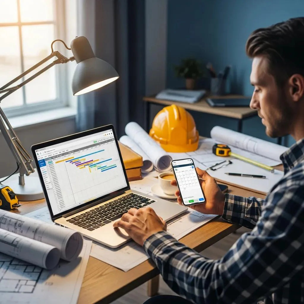 Contractor using digital tools for effective time management in a workspace
