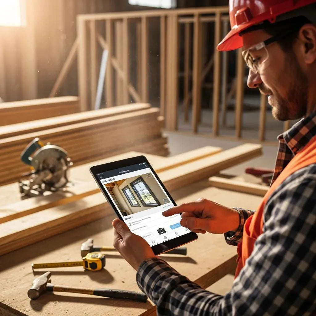 Contractor using mobile CRM on job site, showcasing efficiency and professionalism