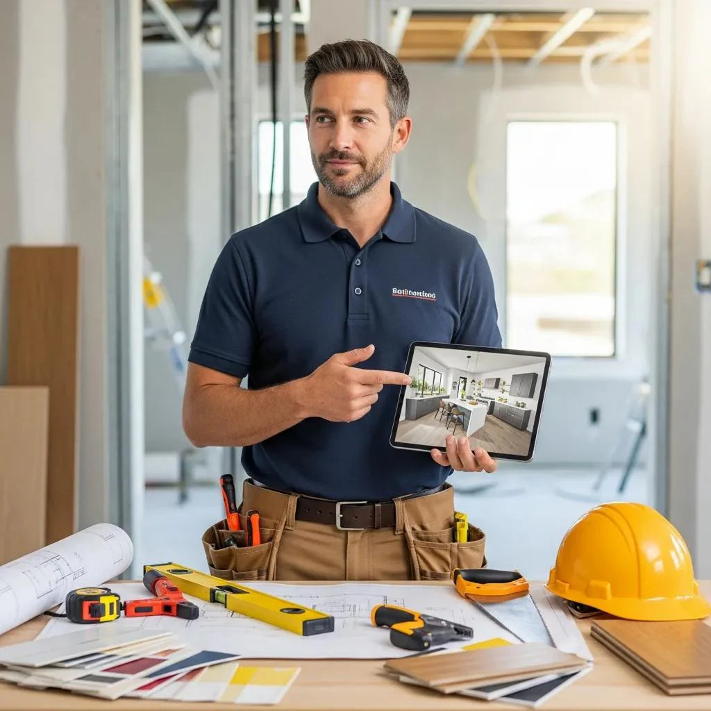 Contractor visualizing a sales pitch in a professional setting with construction tools