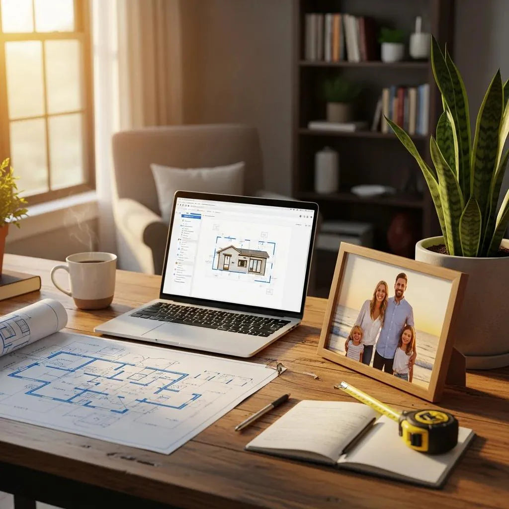 Contractor workspace illustrating work-life balance with construction plans and personal touches