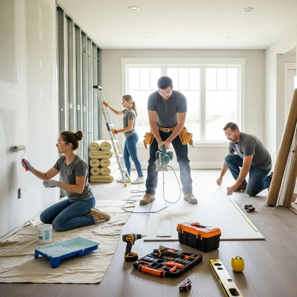 Contractors collaborating on a home renovation project, showcasing modern tools and materials in a bright, inviting atmosphere