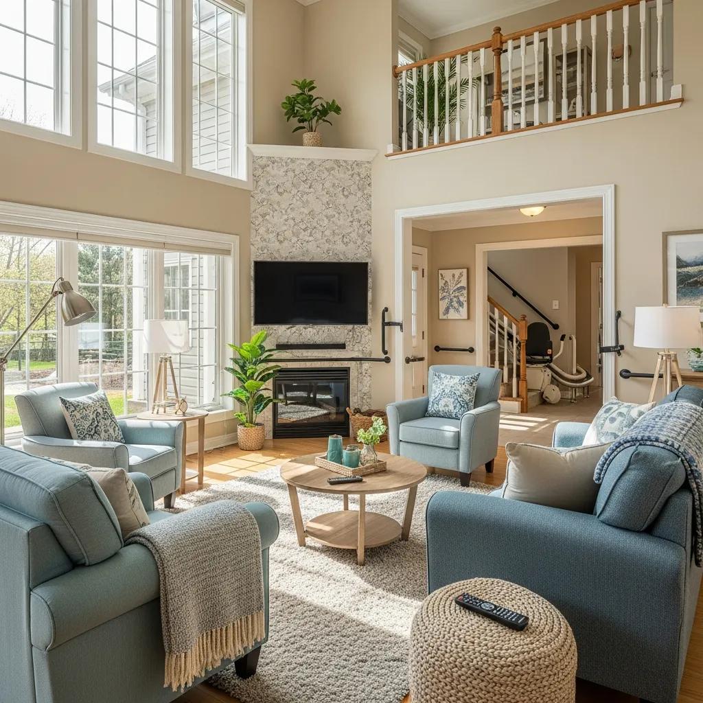 Cozy living room designed for aging in place with accessible features