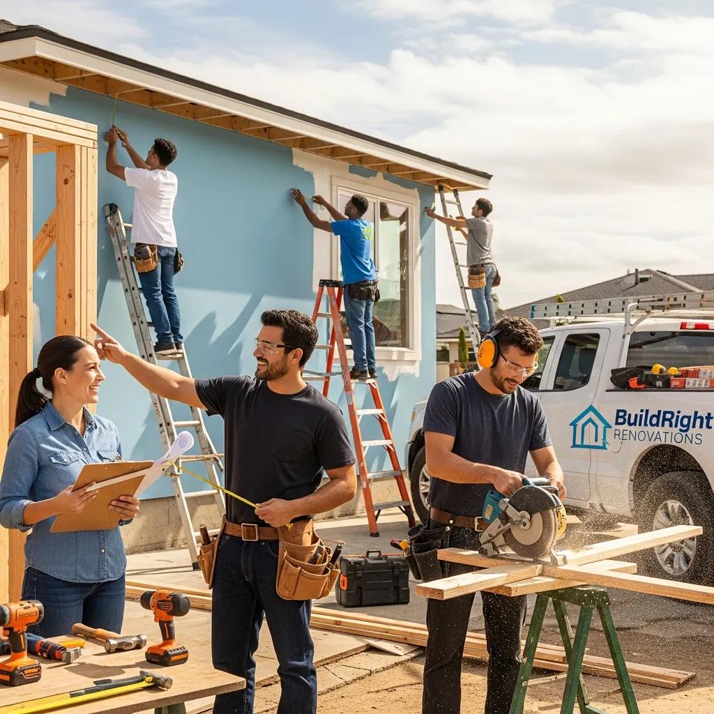 Diverse home improvement contractors collaborating on a project, showcasing teamwork and success