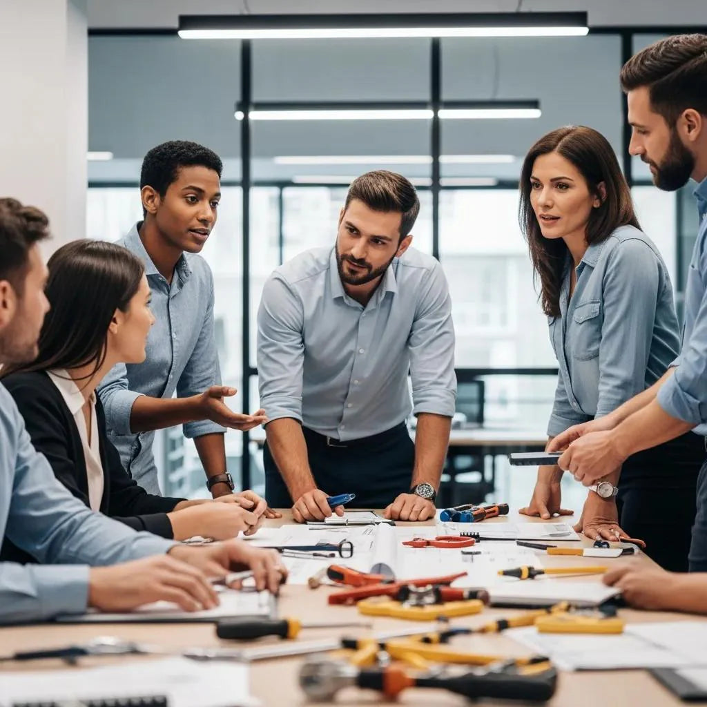 Diverse home improvement sales team collaborating in a modern office setting