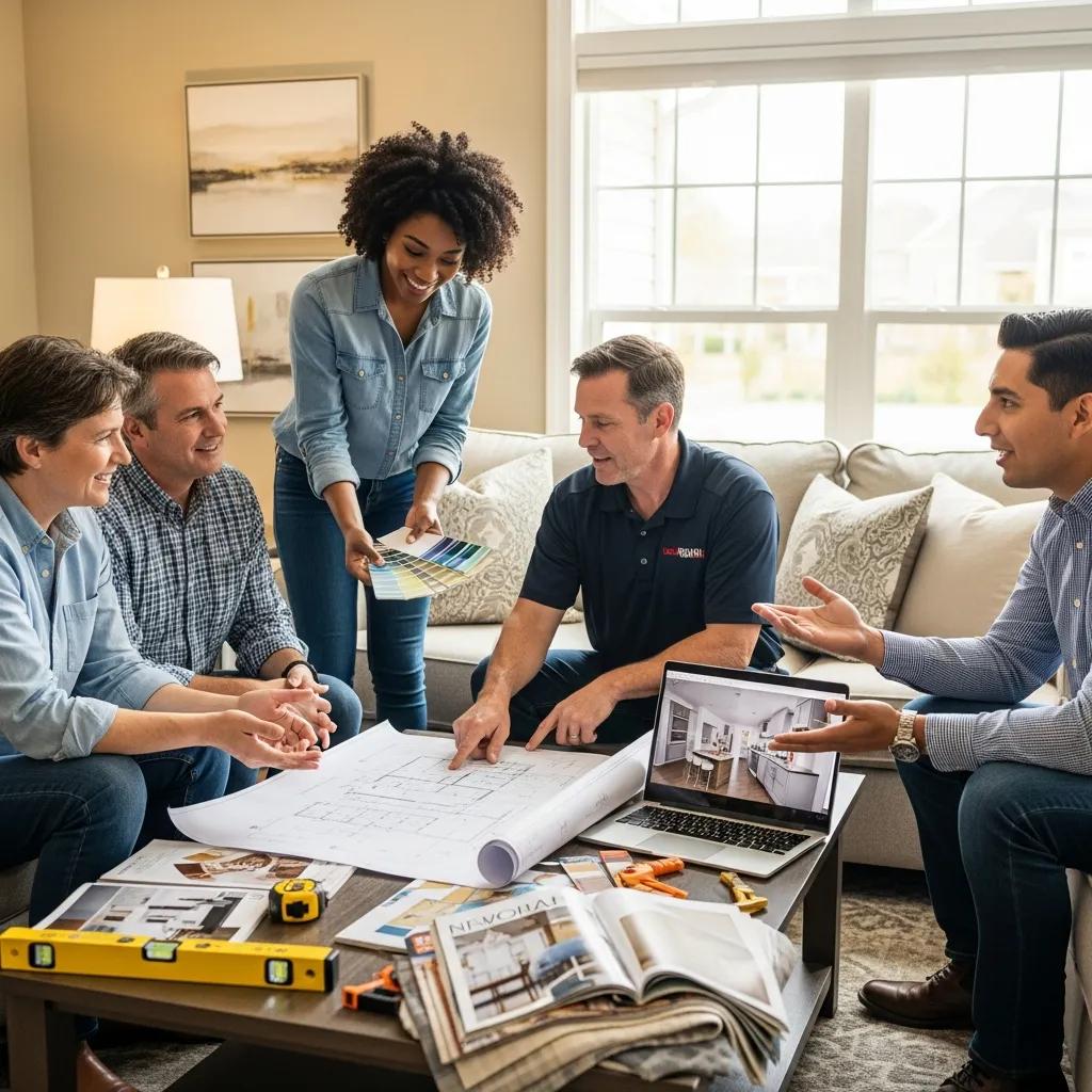 Diverse homeowners collaborating with a contractor on home improvement projects