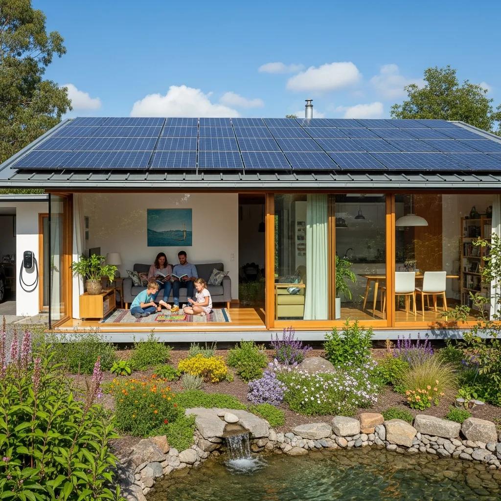 Eco-friendly home with solar panels and energy-efficient features