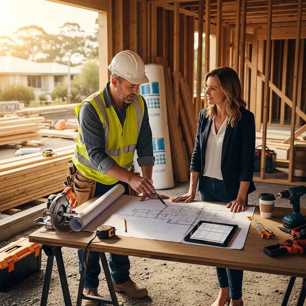 Home improvement contractor discussing competitive pricing strategies with a client at a construction site