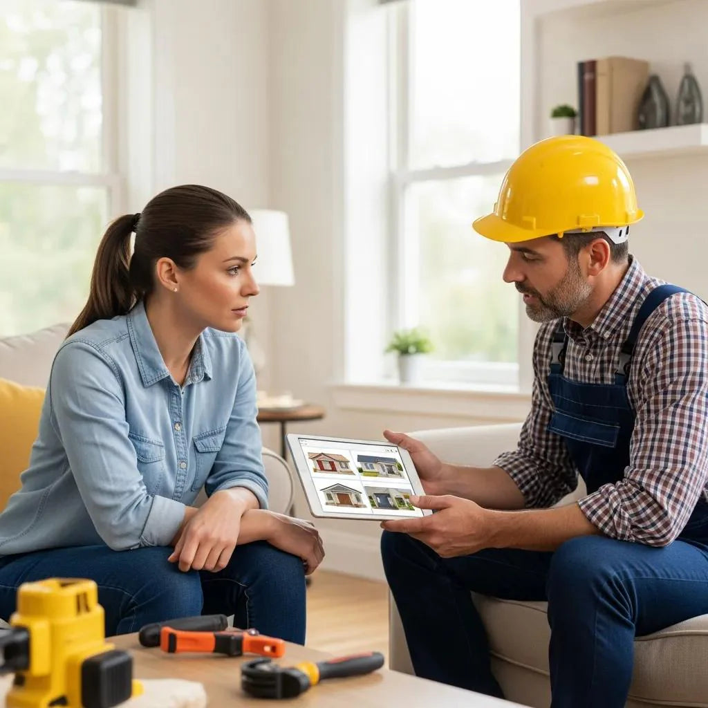 Home improvement contractor discussing loss aversion strategies with a homeowner in a cozy living room